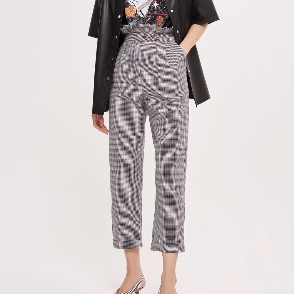Topshop Plaid High Waist Paper Bag Crop Trouser Pant